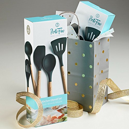 PortoFino 5 Pc. Kitchen Utensil Set / Premium Natural Beech Wood & Silicone / Home Cooking Utensils / Wooden Food Prep Tools / Soup Ladle, Slotted Spoon, Solid Spoon, Turner, Large Spatula