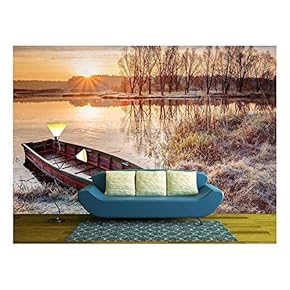 Calm Water of Lake, River and Rowing Fishing Boat at Beautiful Sunrise in Autumn Morning. - Removable Wall Mural | Self-Adhesive Large Wallpaper - 66x96 inches