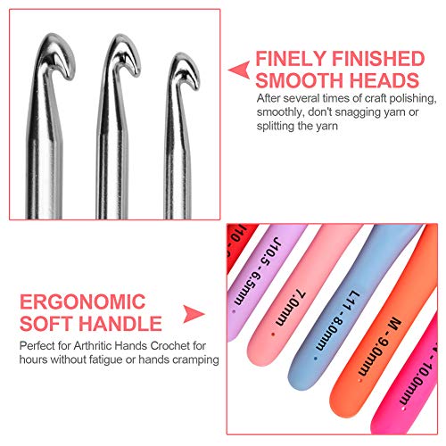 Pveath All-in-One Crochet Hooks Set, 14Pcs Full Size Soft Handles Knitting Needles Kit + 10Pcs Crochet Locks + 9 Large Eye Hand Sewing Hooks + Crochet Hook Case, for Adults Beginners