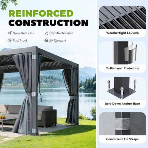 MELLCOM Louvered Pergola 10x10, Aluminum Pergola with Adjustable Louvered Roofs, Outdoor Gazebo with Waterproof Curtains and Nets, Black