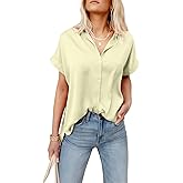 Pausus Women Satin Button Down Shirts Short Sleeve Office V Neck Casual Business Silk Blouses Tops Slim Fit Dress Shirts(Beige,S)