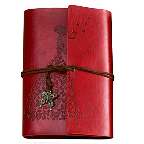 Vintage Retro PU Cover Loose Spiral A6 Notebook Bandage Notepad with Metal Butterfly Red