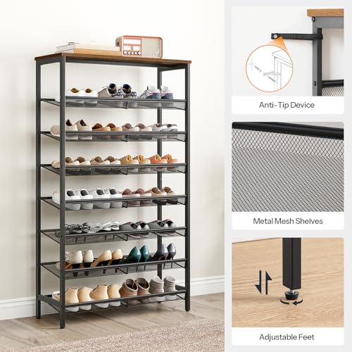 HOOBRO Vertical Shoe Racks for Entryway, 8 Tier Tall Shoe Storage Shelf for Small Space, Narrow Shoe Racks for Bedroom, Industrial Shoes Rack Organizer, 21-24 Pairs of Shoes, Rustic Brown EBF18XJ01