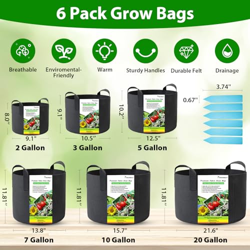 SYOURSELF 6 Pack Grow Bags 10 Gallon Fabric Pots,Thickened Nonwoven Grow Bag with Handles,Fabric Pots for Vegetable Flower Tomato Potato Garlic Indoor Outdoor Plants +6 Waterproof Garden Lables