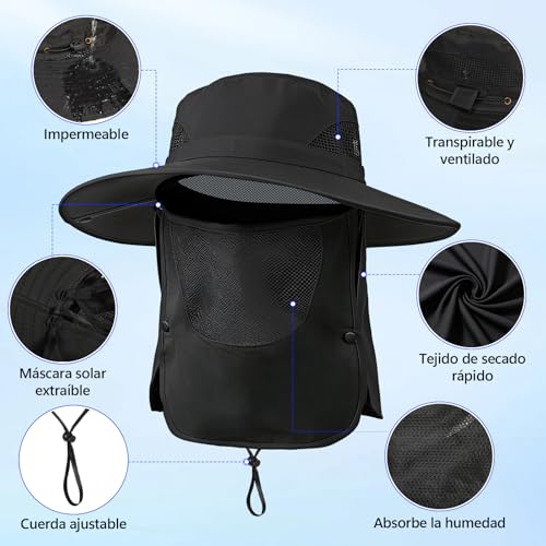 Yanlin 3pcs Sombrero Pesca Sol Protección, Sombrero para Sol UPF 50, con Gafas de Sol, Mangas de Protección Solar, Diseño Desmontable, Impermeable, para Actividades al Aire Iibre