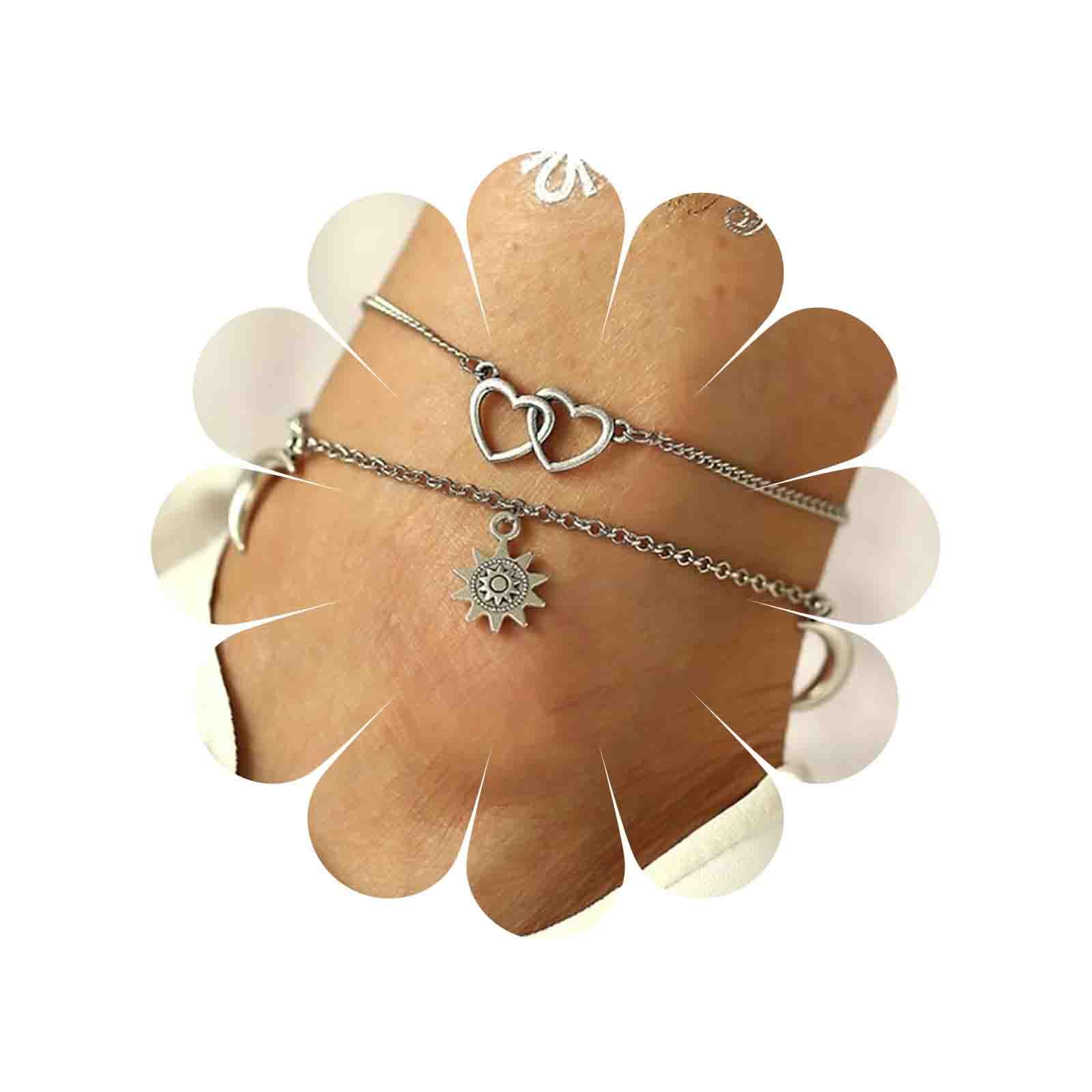 Yienate Boho Multilayer Moon Sun Anklet Vintage Silver Hollow Heart Ankle Chain Bracelet Beach Foot Chain Jewelry Accessories 2-Piece Set for Women and Girls