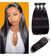 UNEED 10A Straight Hair Bundles with Closure(18 20 22+16free part) Brazilian Hair Weave Bundles w...