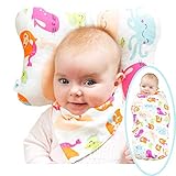 WhaleCare Baby Flat Head Pillow, Receiving Swaddle Blanket, and Bib Set - Breathable Organic Cotton Head Pillow for Flat Head Syndrome Protection - Baby Shower Newborn Gift