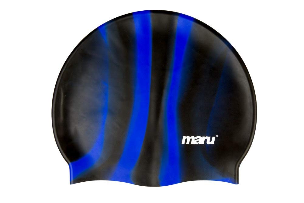 Maru Silicone Swim Cap (Black/Blue) – Smooth, Easy-Fit Silicone Swimming Cap for Adults & Kids (One Size Fits All) – Durable Swimming Hat for Speed, Comfort & Chlorine Protection
