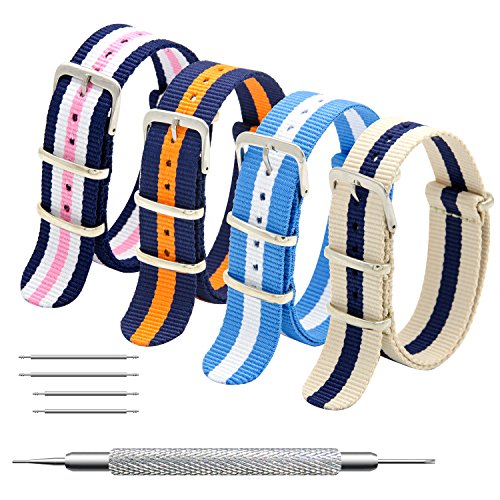 Nato Strap 4 Packs - 20mm 22mm Premium Ballistic Nylon Watch Bands Zulu Style with Stainless Steel Buckle (Navy Pink White+Navy Orange+Sky White+Linen Navy, 18mm)