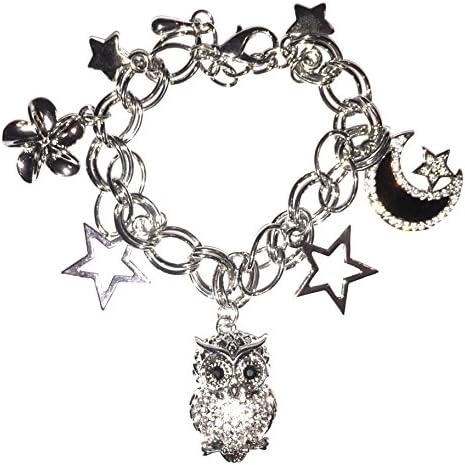 Night Owl Charm Bracelet BD Moon Stars Flower Black Enamel Crystal Silver Tone