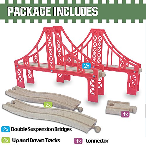 FLASH SALE | Double Suspension Bridge - Deluxe Wooden Toy Accessories For Kids Toddler Boys Girls - Compatible with Thomas Trains Railway, Brio Tracks, and Major Brands. 2x Red Bridges