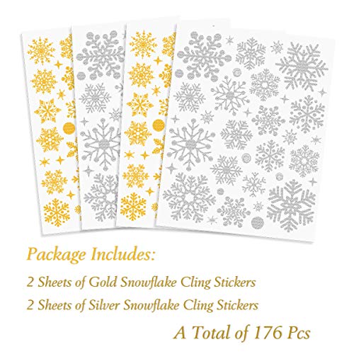 Beautyhero-Christmas-Snowflakes-Clings-Snow-Window-Stickers-Christmas-Decorations-Non-Adhesive-for-Glass-146-x-118-Inches-Gold-and-Silver-Snowflakes-Stickers-Double-Sides-Colors-4-Sheets-176-Pcs
