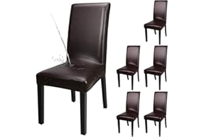 YISUN Dining Chair Covers, Solid Pu Leather Waterproof and Oilproof Stretch Dining Chair Protector Cover Slipcover (Deep Coffee, 6 Pack)