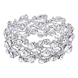 EVER FAITH Bridal Floral Leaf Elastic Bracelet Clear Austrian Crystal