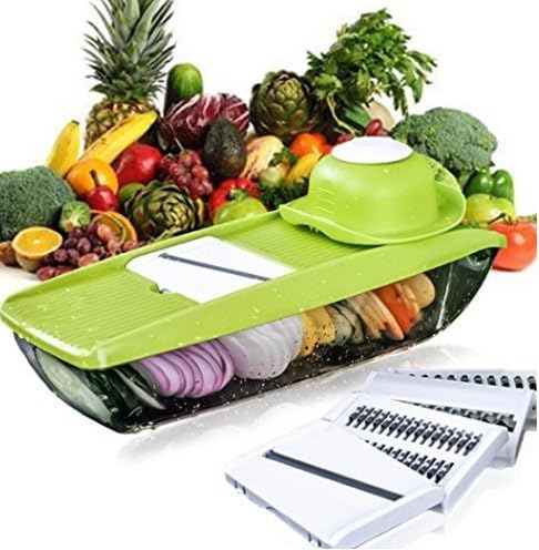Mandoline Slicer Adjustable Mandoline with 5 Thickness Settings. Potato Slicer. Cutter for Cucumber, Cheese, Onion. Interchangeable Stainless Steel Blades -Vegetable Peeler Slicer, Food Container
