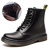 JACKSHIBO Women's Fashion Leather Ankle Bootie Winter Combat Boots,us 8,black with fur