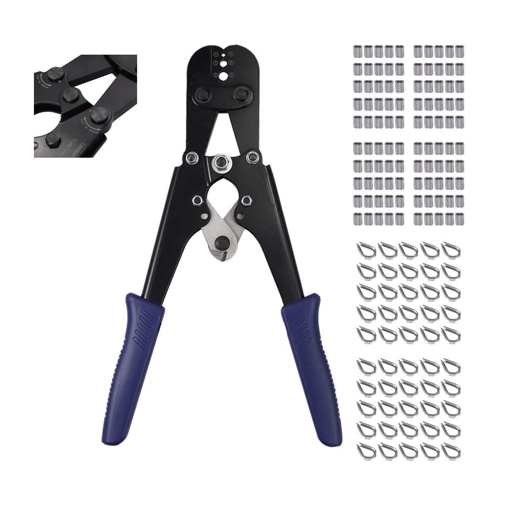CAMWAY 2 in 1 Wire Rope Crimping Tool and Cutter from 1/16inch to 1/8inch with 100Pcs 1/8inch Aluminum Crimping Loop Sleeve Crimps and 50 Pcs M3 Stainless Steel Thimble Rigging