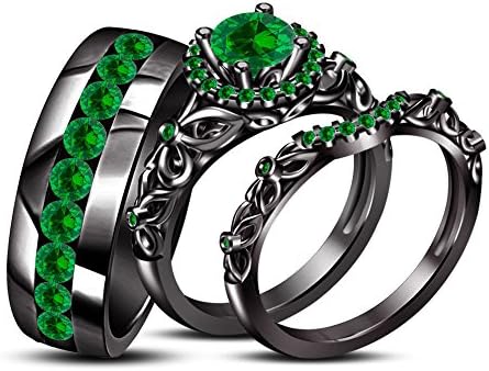 Full Black on Alloy Emerald Engagement His & Her Bridal Set Ring & Wedding Band Ring Trio Set