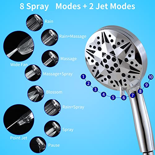 High Pressure Shower Heads Combo, 10\'\' Stainless Steel Anti Clog Shower Head and 10-Modes Chrome Finish Handheld Spray with Adhesive Holder & 60\'\' Hose, Adjustable Extension Arm & 3-Way Water Diverter