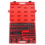 Sunex 3580, 3/8 Inch Drive Master Impact Socket Set, 80 Piece, SAE/Metric, 5/16 Inch - 3/4 Inch, 8mm - 19mm, Standard/Deep/Universal, Cr-Mo, Radius Corner, Chamfered Opening, Dual Size Markings, Heavy Duty Storage Case, Includes Star and Inverted Star Soc
