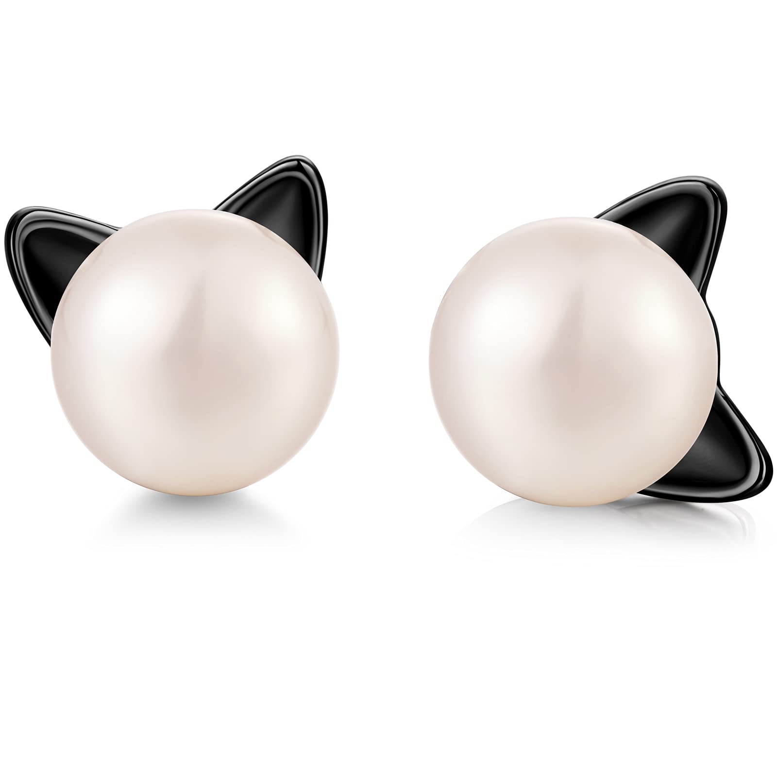 Pearl Cat Earrings Sterling Silver Cat Ear Earrings Freshwater Shell Pearl Stud Earrings White Pearl Earrings Stud Naughty Cute Pearl Cat Stud Earrings,Silver Cat Earrings Women cat ear stud earrings