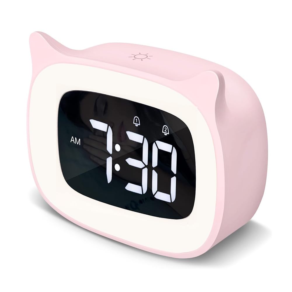 Roysamrt Digital Children's Alarm Clock with Light, Digital Alarm Clock, 18 Music Ringtones, 5 Brightness Modes, 12/24 Hours USB Charging, Snooze Function, Double Alarm Clock, LED Night Light, Alarm