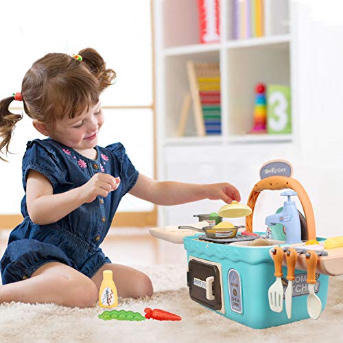 Dreamon Spielküche Spielzeug Kinderküche Zubehör Kochset Kinder Picknickkorb mit Musik Licht, Kinder (Grün) – Bild 4