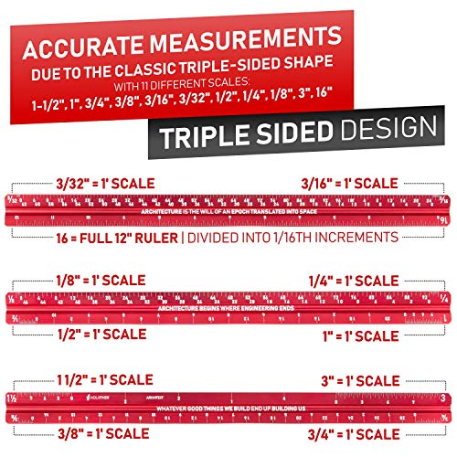 Holifiver Triangular Architectural Scale Ruler – 12” Imperial Scale for Blueprints, Engineering or Drafting – Perfect Gift for Students, Architects, Engineers – Aluminum Sleek Red Finish