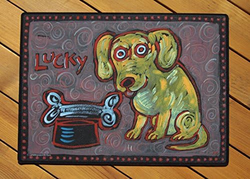 "LUCKY DOG" dog food bowl mat. Washable, durable and cute as can be!