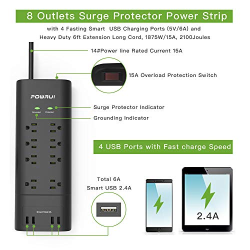 POWRUI 8-Outlet Surge Protector Power Strip with 4 USB Charging Ports and 6-Foot Heavy Duty Extension Cord, 2100 Joules