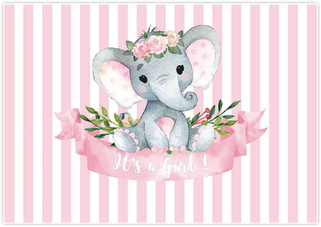 Allenjoy 7x5ft It's a Girl Elephant Backdrop for Baby Shower Princess Newborn Birthday Decoration Pink White Stripes Watercolor Flower Photography Background Photo Booth Studio Props Favors Supplies