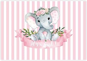 Allenjoy 7x5ft It's a Girl Elephant Backdrop for Baby Shower Princess Newborn Birthday Decoration Pink White Stripes Watercolor Flower Photography Background Photo Booth Studio Props Favors Supplies