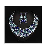 Hamer Bridal Link Costume Jewelry Crystal Choker Pendant Bib Statement Chain Charm Necklace and Earrings Sets (Blue)