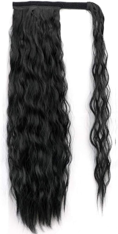 22 Inch long Wavy Ponytail Extension Synthetic Wrap Around Ponytail Magic Paste Yaki Ponytail Corn Wave Ponytail Extensions Black HairPiece Curly Hair Ponytail Extension For Black Women（2#）