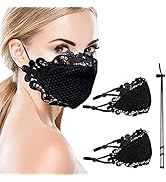 Black Lace-Masquerade-Mask for Women - Fashion Face Scarf Mouth Fabric Reusable Washable Cloth, 2...