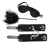 Wrist Handcuffs, Restraint set- Bondage kit, Furry Cuffs, Flirting Feather Stick, and Eye Mask - Adult (3 in 1) PU Leather Restraints