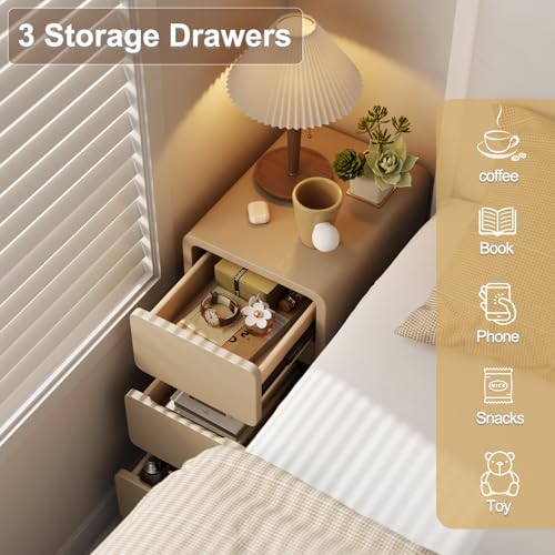 AQIMUELE Small Bedside Table Slim Bedside Table with 3 Drawers, Narrow Side Table Assembled with Leather Surface for Bedroom, 30cm (Khaki)
