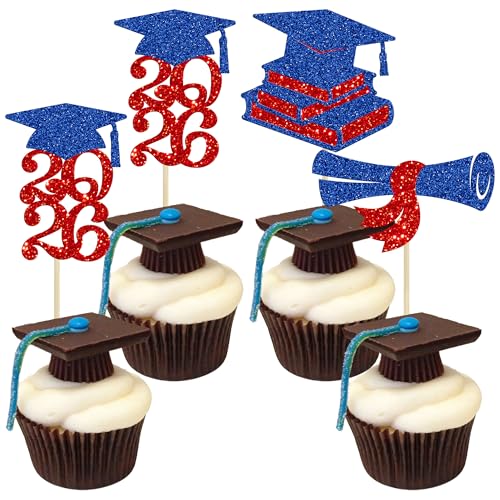 Ephlyn 24Pcs Graduation 2026 Cupcake Toppers Glitter Diploma Grad Cap Class of 2026 Cupcake Picks for 2026 Graduation Theme Party Cake Decorations Supplies Blue Red at Amazon