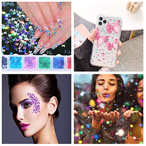 MAQUITA 24 Boxes 3D Butterfly Nail Art Glitter Sequins, Sparkle Laser Mermaid Butterfly Nail Sequin Acrylic Paillettes for Nail Art Decoration