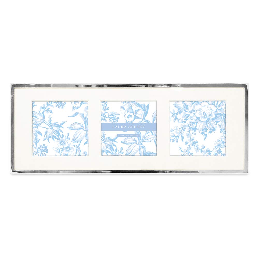 Laura Ashley 3x3 Collage 3-Photo Picture Frame (Horizontal) with Silver Metal Edge & Easel, Made for Tabletop Display, Counterspace, Desk, Wall Décor, Photo Gallery