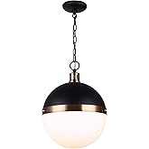 CANARM Delta 1-Light Ceiling Pendant, 13-Inch Matte Black and Bass Metal Fixture with Flat Opal Glass Shade for Kitchen or Di