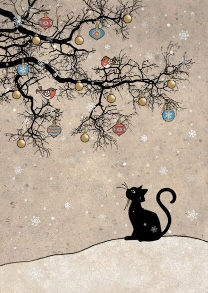 Bug Art Christmas Cards Pack of 8 - Black Cat and Robins Embossed with Foil Details - Eco-Friendly & Recyclable