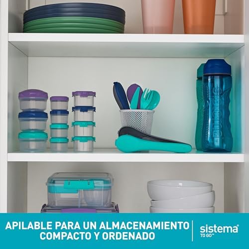Snack Pots Mini Bocados PARA LEVAR | 130 ml | Lancheiras empilháveis para snacks com tampas | Afunilamento Plástico | Tapas verde-rosadas e azuis | 3 unidades