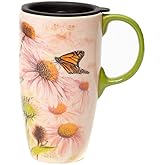 Topadorn Coffee Ceramic Mug Porcelain Latte Tea Cup With Lid 17oz,Novelty Coffee Mugs for Office & Home Pink