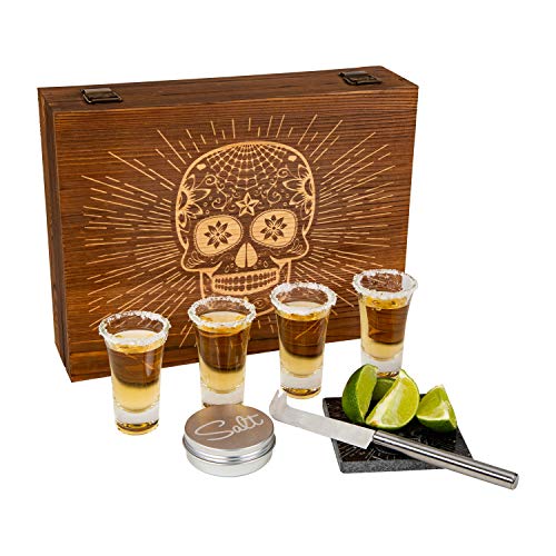 Atterstone Tequila Box Set Featuring 4 Premium Shot Glasses, Garnish Knife, Salt Tin with Lid, Candy Skull Themed Wooden Box and Coaster | Perfect for Mexican Themed Parties, Holiday Gifts - Thumbnail 7