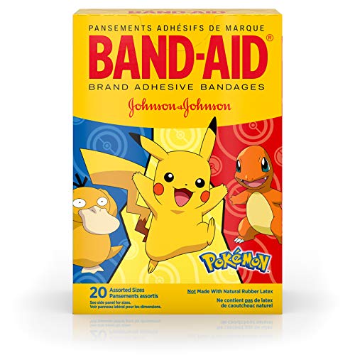 vendas adhesivas para niños de la marca band-aid para cortes y raspaduras menores, pokemon, tamaños surtidos, 20 unidades 