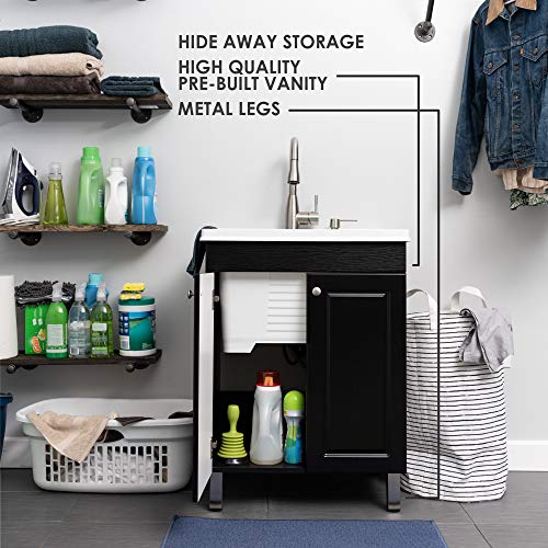 Utility Sink Laundry Tub With Cabinet In Black, High Arc Stainless Steel Faucet, Storage Vanity With Slow Closing Doors, Large Washtub for Cleaning and Washing, Sinks for Garage, Basement, Work Room - Thumbnail 7
