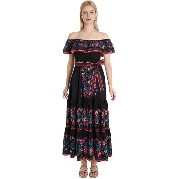 Mexican Dress for Women Off Shoulder Floral Print Long Maxi Dress Summer  Cinco de Mayo Party Dresses with Belt Black XL at Amazon Women's Clothing  store