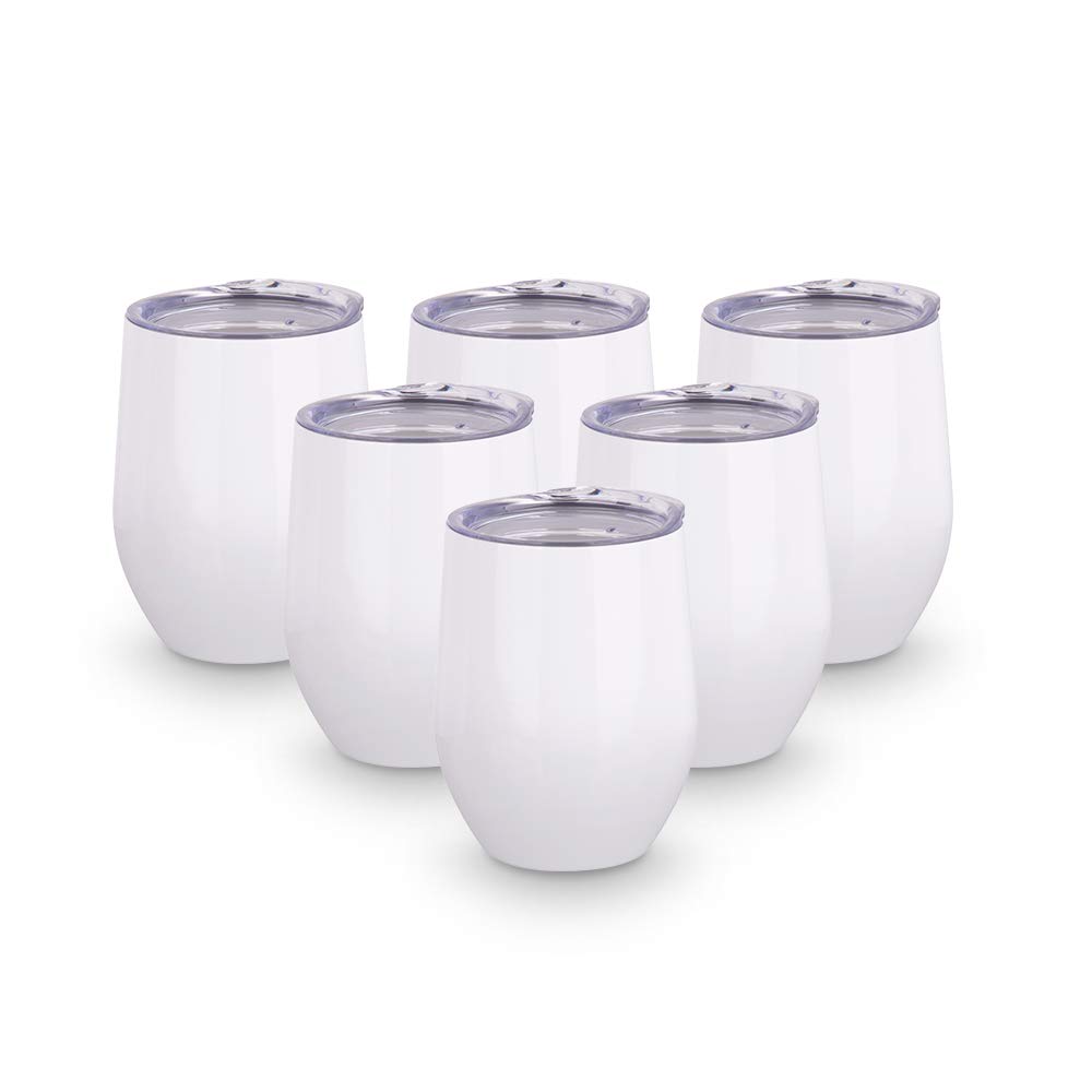 PYD Life Sublimation Blanks Wine Tumbler Cups White 12 OZ Stainless Steel Insulated Stemless Mugs with Lid 6 Pack